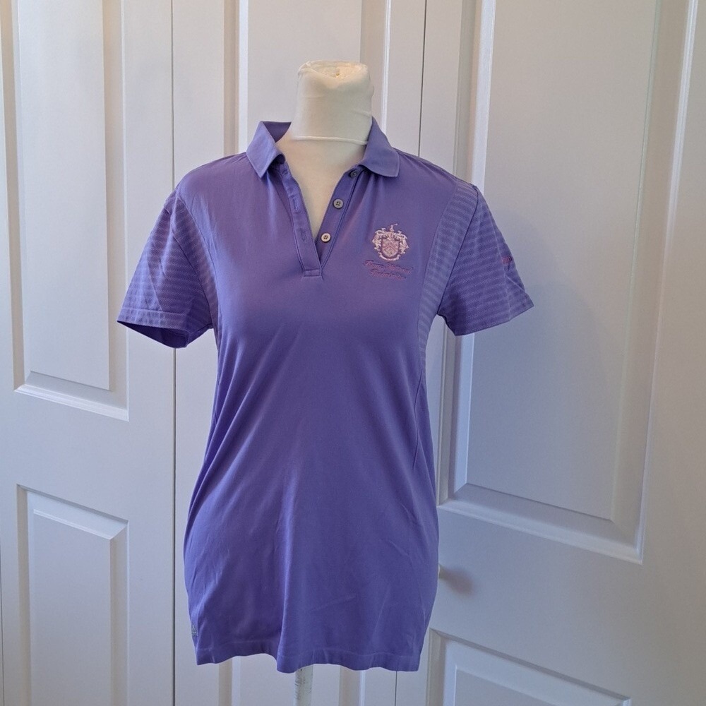 Adidas Womens Performance Golf/Athletic Stretch Polo Shirt Purple Trump Logo‎ SM